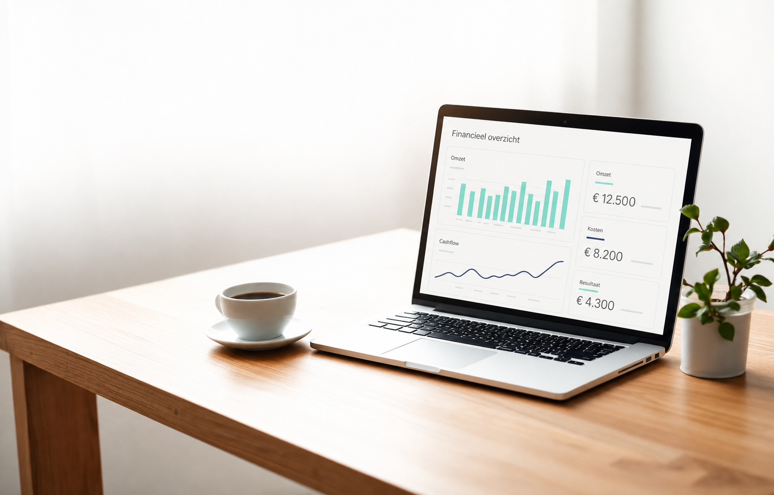 Laptop met financieel dashboard op een opgeruimd bureau
